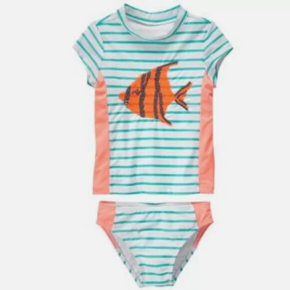 NWT Gymboree Sequin Angel Fish Striped Rashguard Swim Set Swimsuit Girls L 10 12 - Picture 1 of 2